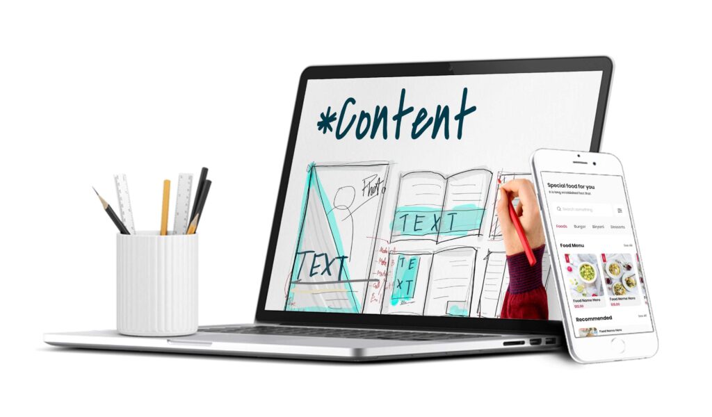 A laptop and smartphone displaying vibrant and creative web design elements, highlighting the Website Content Creation service from Creative Web Design Services, a part of Digital Solutions & Products.