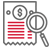 A receipt icon with a magnifying glass over it, representing the auditing and verification of unaltered and unalterable archived financial records.