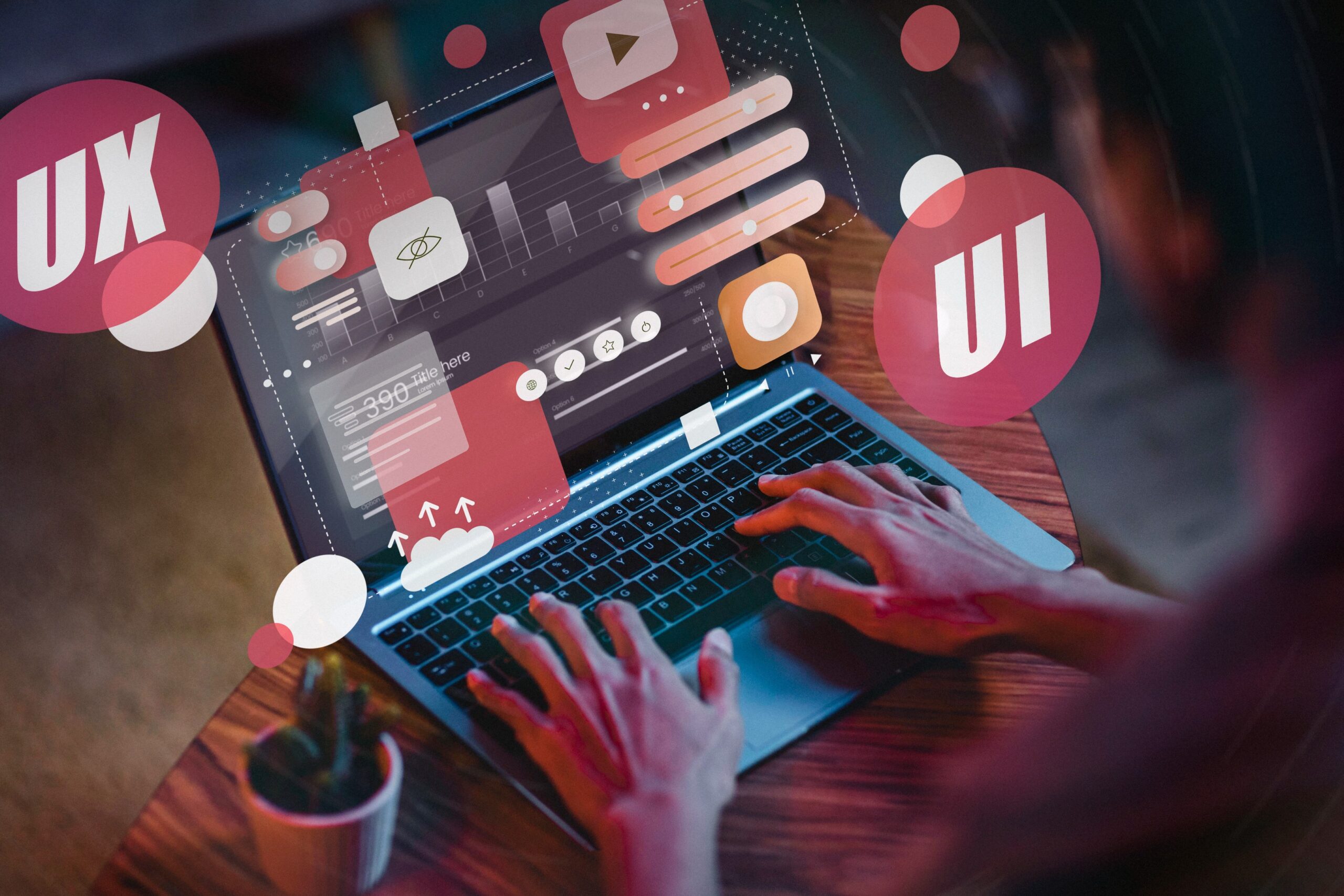 Mobile app development with a focus on user experience (UX) and user interface (UI) design, as indicated by the overlaid graphics on the laptop screen.