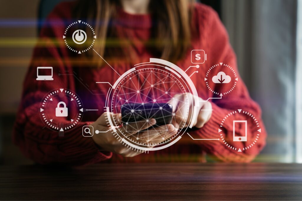 The image shows a woman using a phone for various activities such as browsing and online shopping.