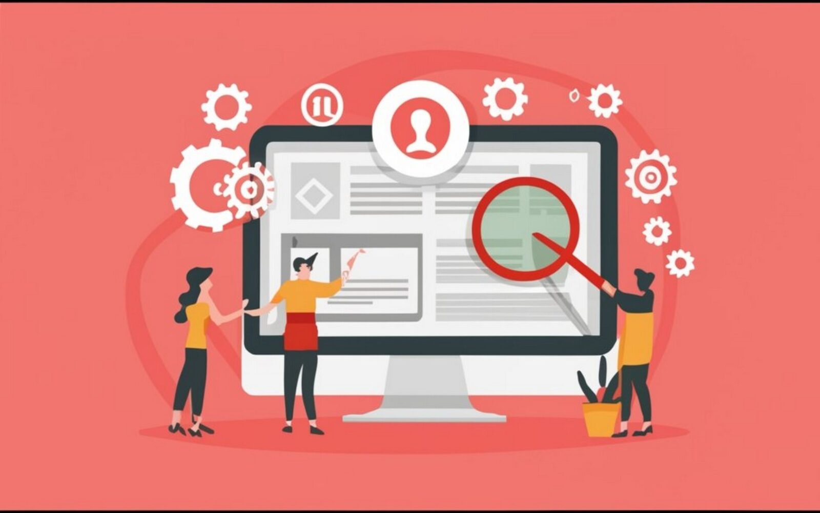 Illustration of three people conducting website testing on a large computer screen, representing Weblook International's website testing services in Sri Lanka.