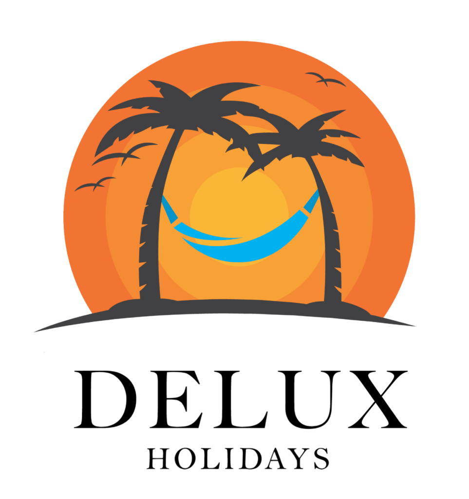 Logo of Delux Holidays featuring a stylized orange sunset with palm trees and a hammock, designed by Weblook for web design in Sri Lanka.