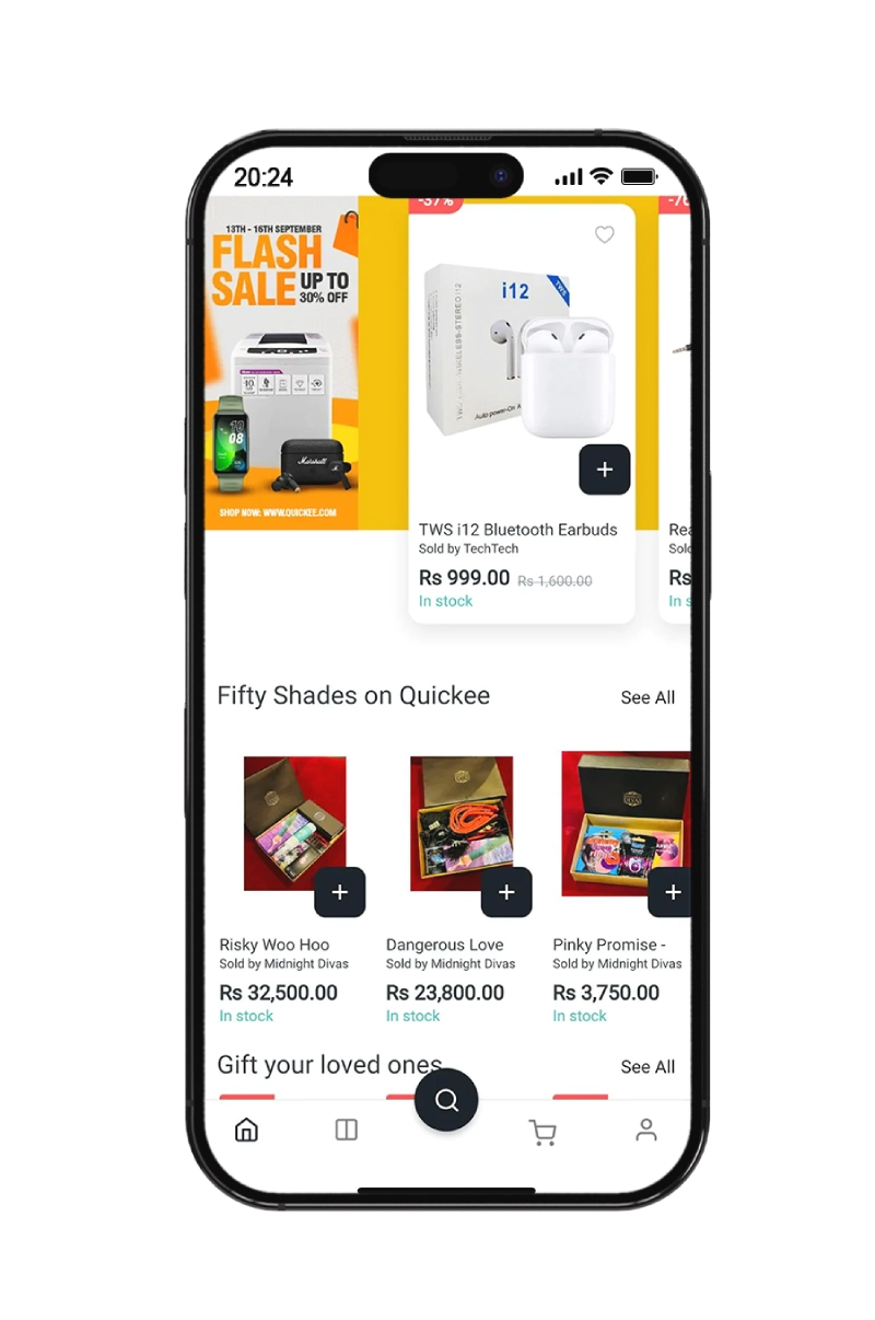 Quikee mobile app UI design showcasing eCommerce products and flash sale in Sri Lanka