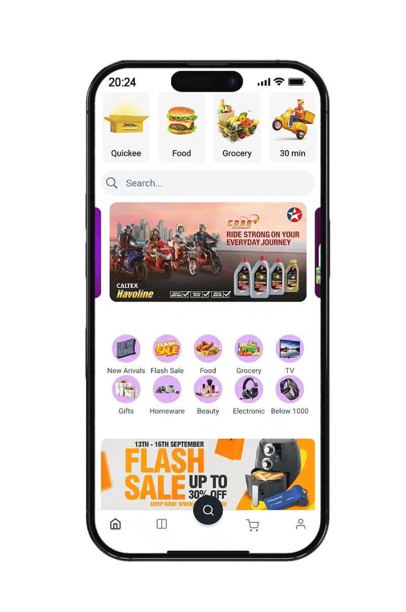 Quikee Mobile App Interface showcasing categories, flash sale, and quick access to essential items